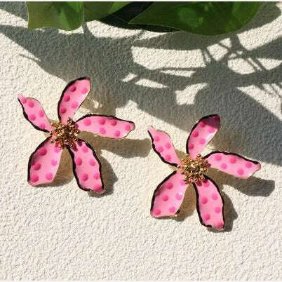 HUANZHI Enamel Pink Flower Stud Earring Irregular Petal Vintage Drip Oil Elegant Sweet Jewerly Gift for Women Girls - KIMLUD