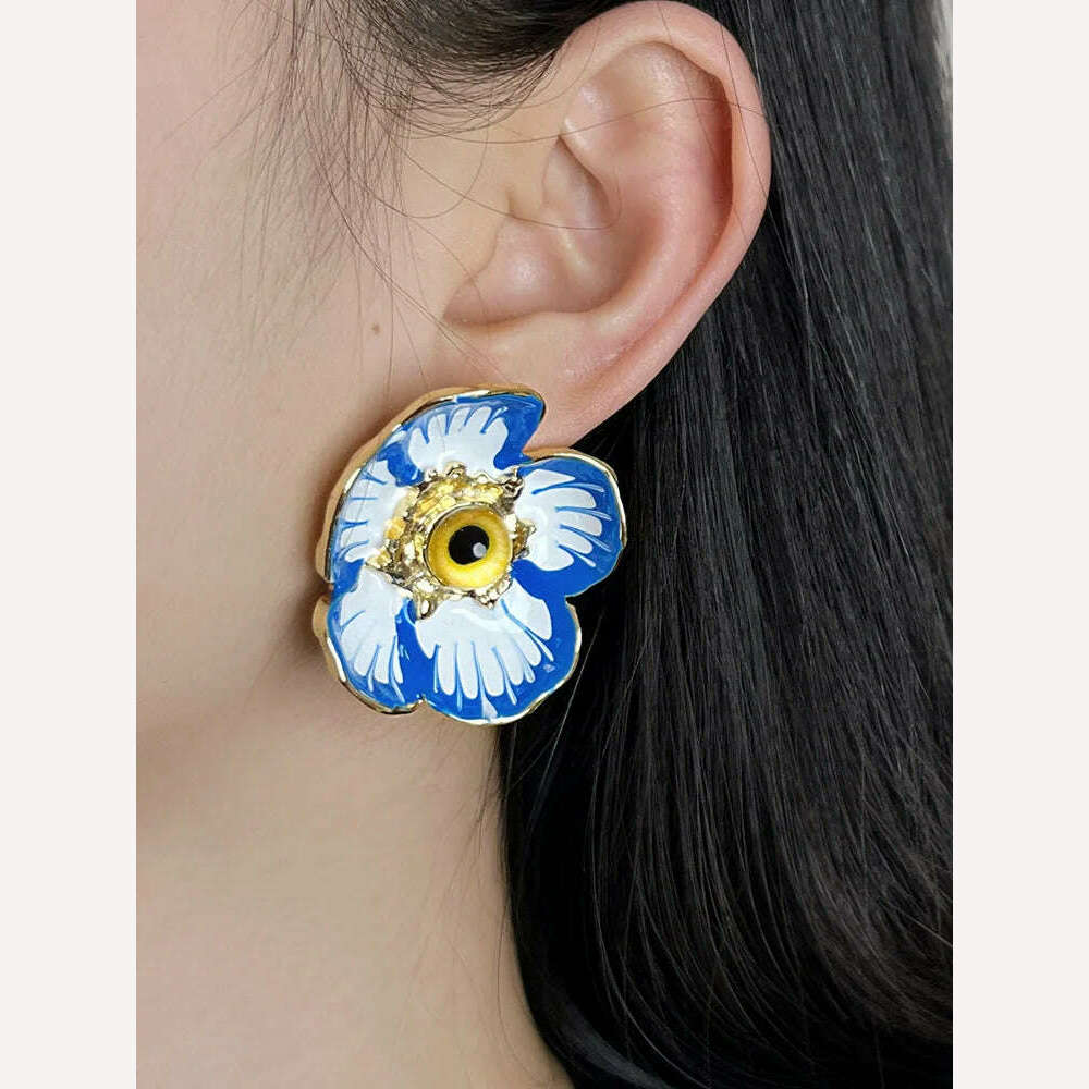 HUANZHI Enamel Pink Flower Stud Earring Irregular Petal Vintage Drip Oil Elegant Sweet Jewerly Gift for Women Girls - KIMLUD