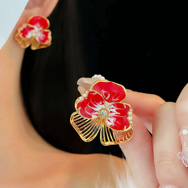 HUANZHI Enamel Pink Flower Stud Earring Irregular Petal Vintage Drip Oil Elegant Sweet Jewerly Gift for Women Girls - KIMLUD