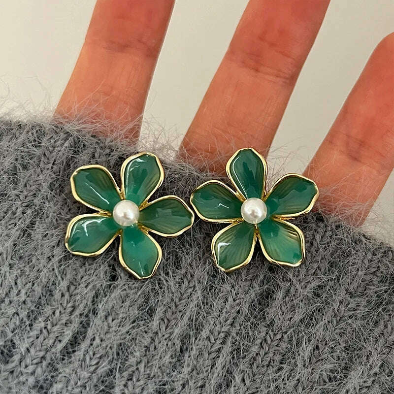 HUANZHI Enamel Pink Flower Stud Earring Irregular Petal Vintage Drip Oil Elegant Sweet Jewerly Gift for Women Girls - KIMLUD