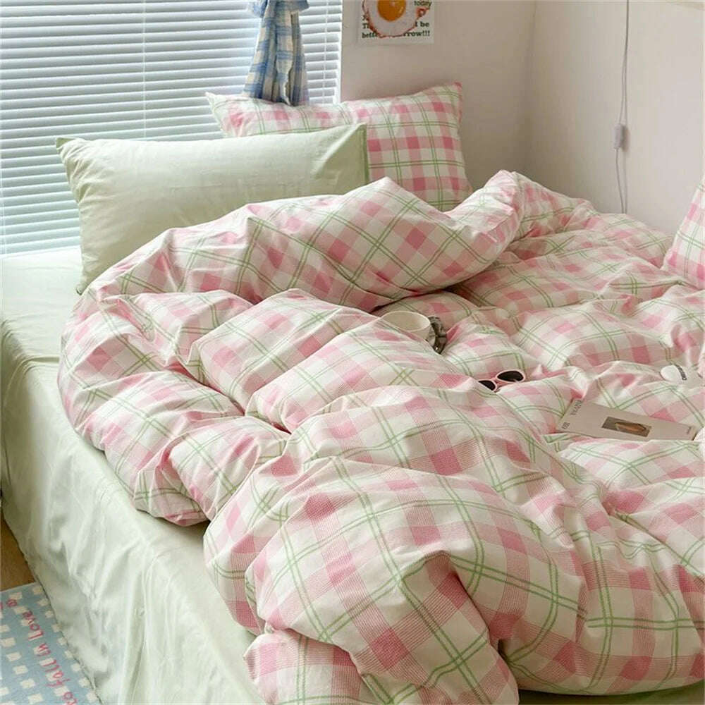 Ins Green Grid Bedding Set Bed Linen Nordic Lattice Duvet Cover For Adults Boys Bedspread Flat Sheet Simple Single Quilt Cover - KIMLUD