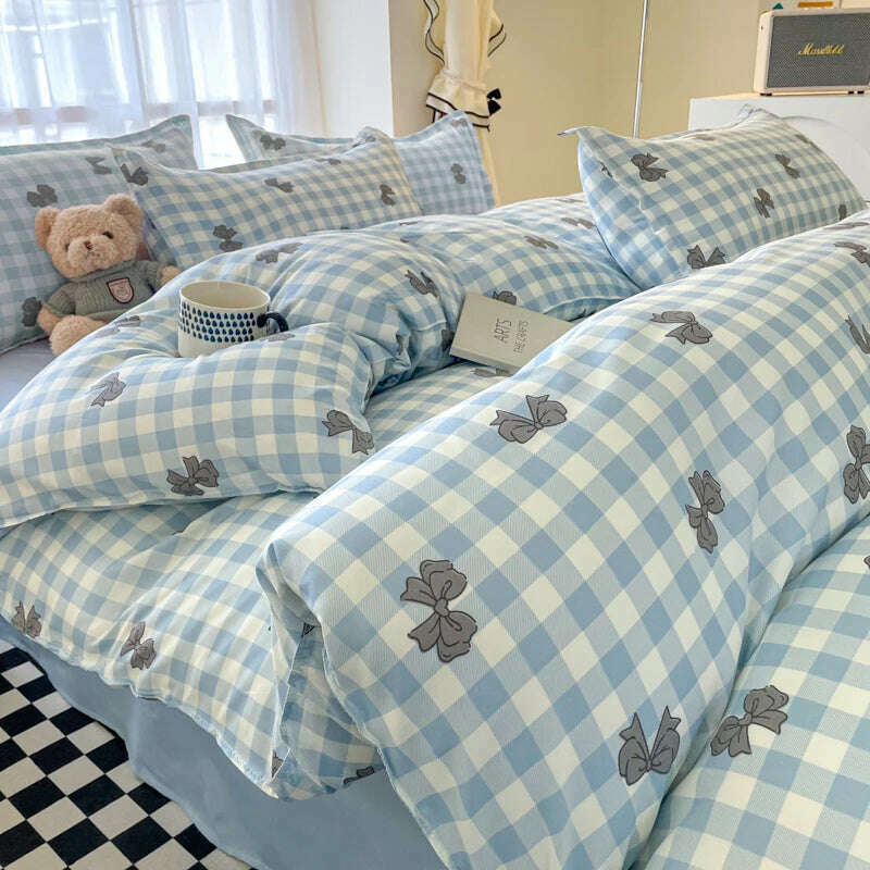 Ins Green Grid Bedding Set Bed Linen Nordic Lattice Duvet Cover For Adults Boys Bedspread Flat Sheet Simple Single Quilt Cover - KIMLUD