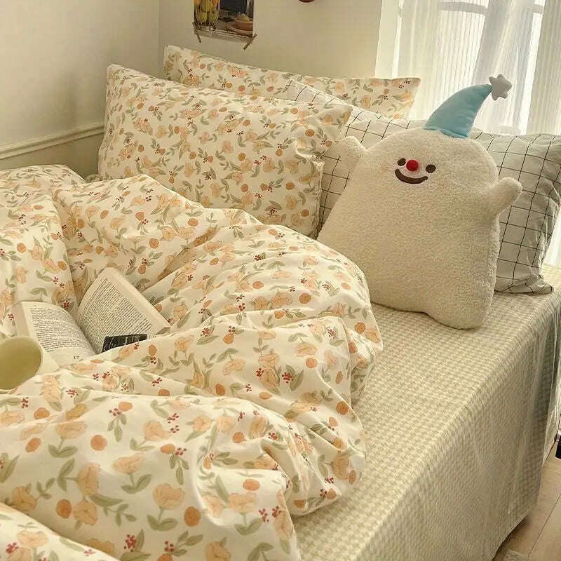 Ins Green Grid Bedding Set Bed Linen Nordic Lattice Duvet Cover For Adults Boys Bedspread Flat Sheet Simple Single Quilt Cover - KIMLUD