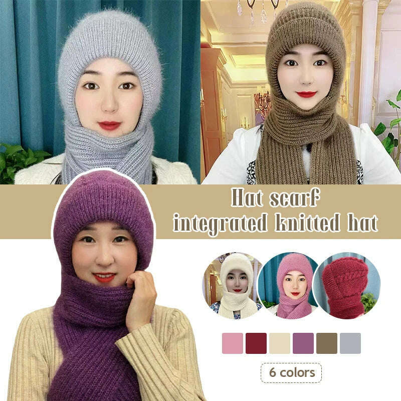 Integrated Ear Protection Windproof Cap Scarf Knitting Thick Warm Ear Guard Hat Winter Siamese Windproof Hat Scarf Set - KIMLUD