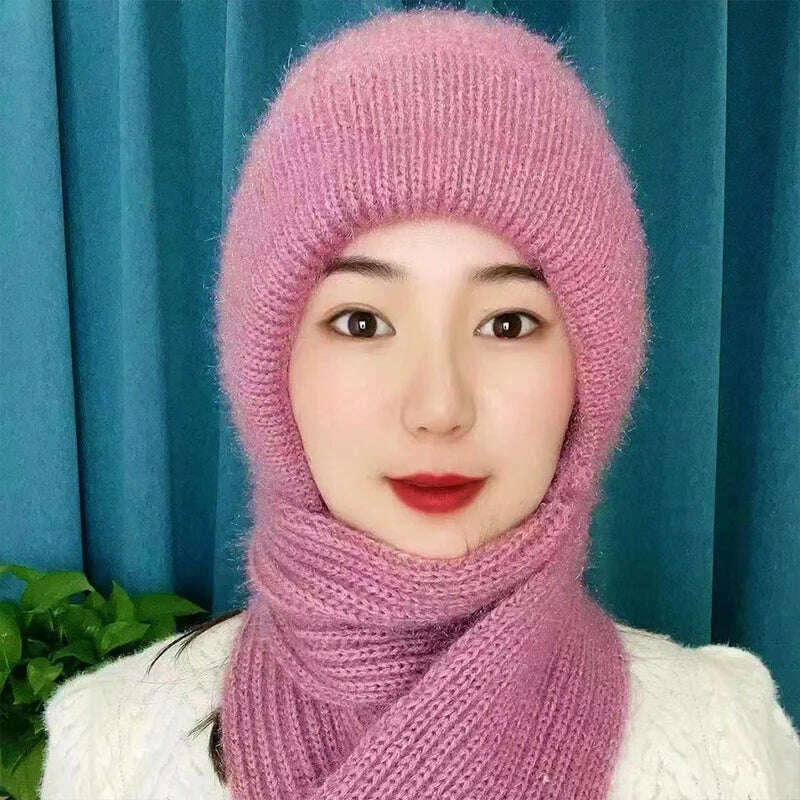 Integrated Ear Protection Windproof Cap Scarf Knitting Thick Warm Ear Guard Hat Winter Siamese Windproof Hat Scarf Set - KIMLUD