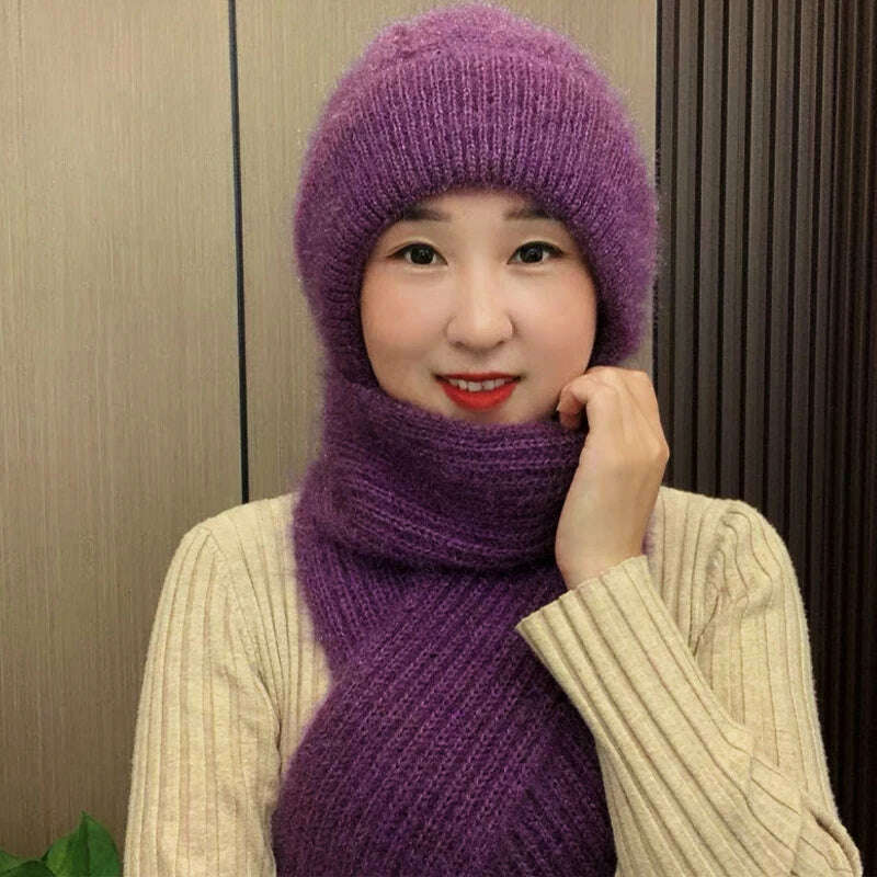 Integrated Ear Protection Windproof Cap Scarf Knitting Thick Warm Ear Guard Hat Winter Siamese Windproof Hat Scarf Set - KIMLUD