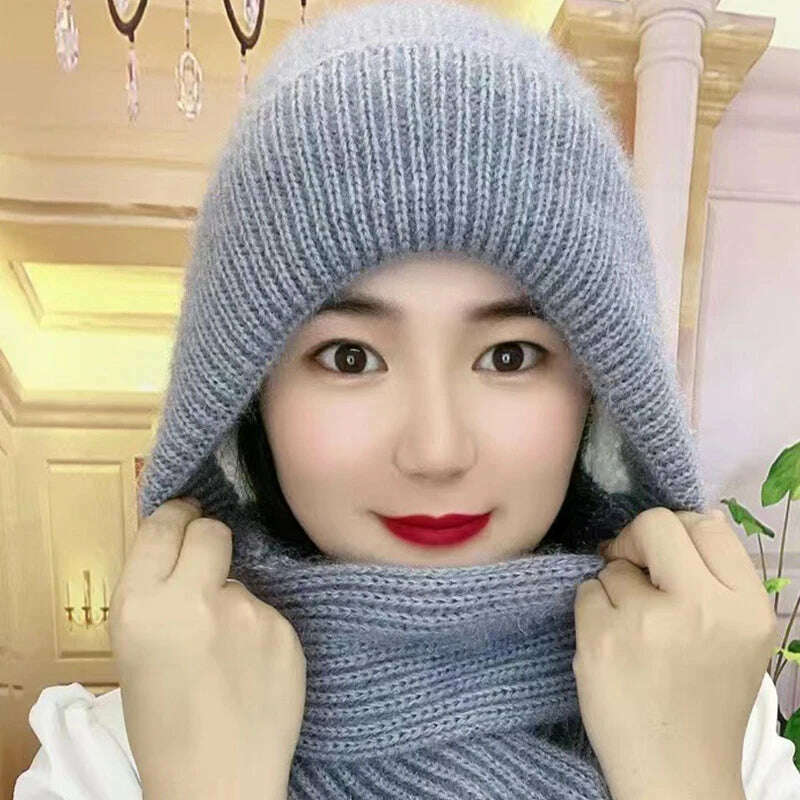 Integrated Ear Protection Windproof Cap Scarf Knitting Thick Warm Ear Guard Hat Winter Siamese Windproof Hat Scarf Set - KIMLUD