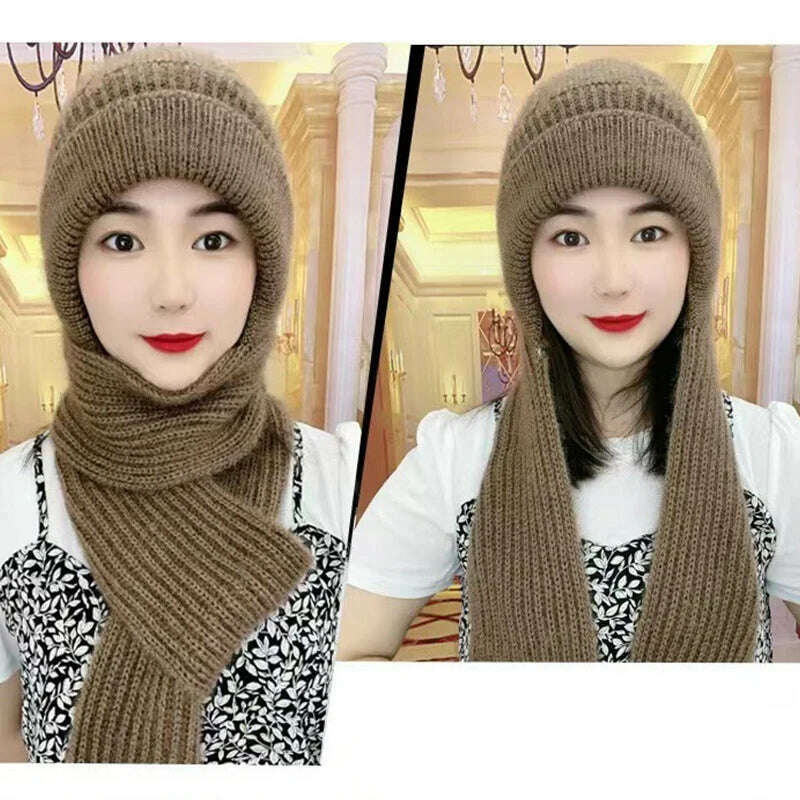 Integrated Ear Protection Windproof Cap Scarf Knitting Thick Warm Ear Guard Hat Winter Siamese Windproof Hat Scarf Set - KIMLUD