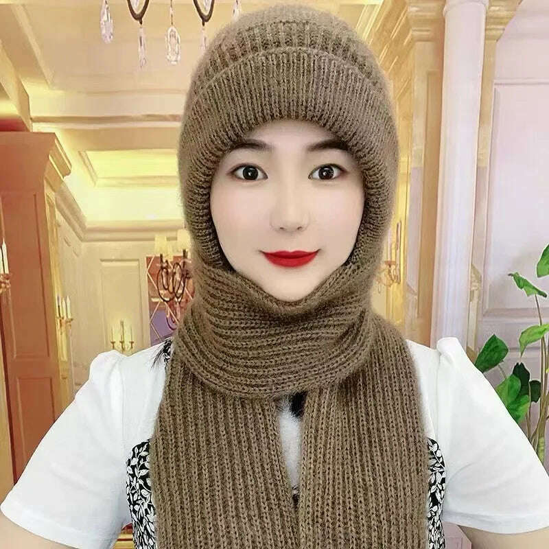 Integrated Ear Protection Windproof Cap Scarf Knitting Thick Warm Ear Guard Hat Winter Siamese Windproof Hat Scarf Set - KIMLUD