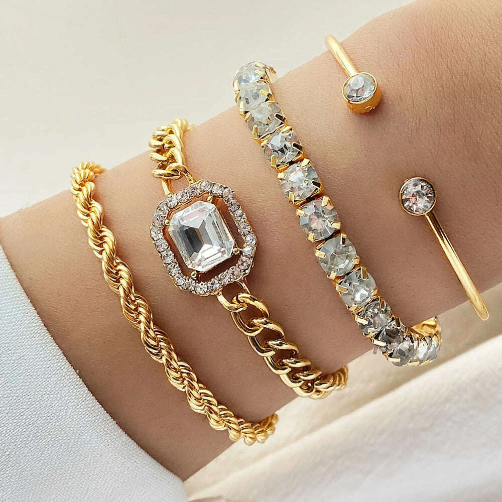 KIMLUD, IPARAM 4 Piece Set Luxurious Bracelets for Women Crystal Shiny Adjustable Opening Chain Bracelets Punk Bangle Fashion Jewelry, KIMLUD Womens Clothes