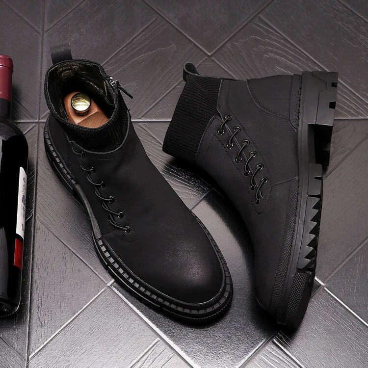 italian brand designer mens leisure cowboy boots natural leather platform shoes black autumn winter ankle boot short botas male - KIMLUD
