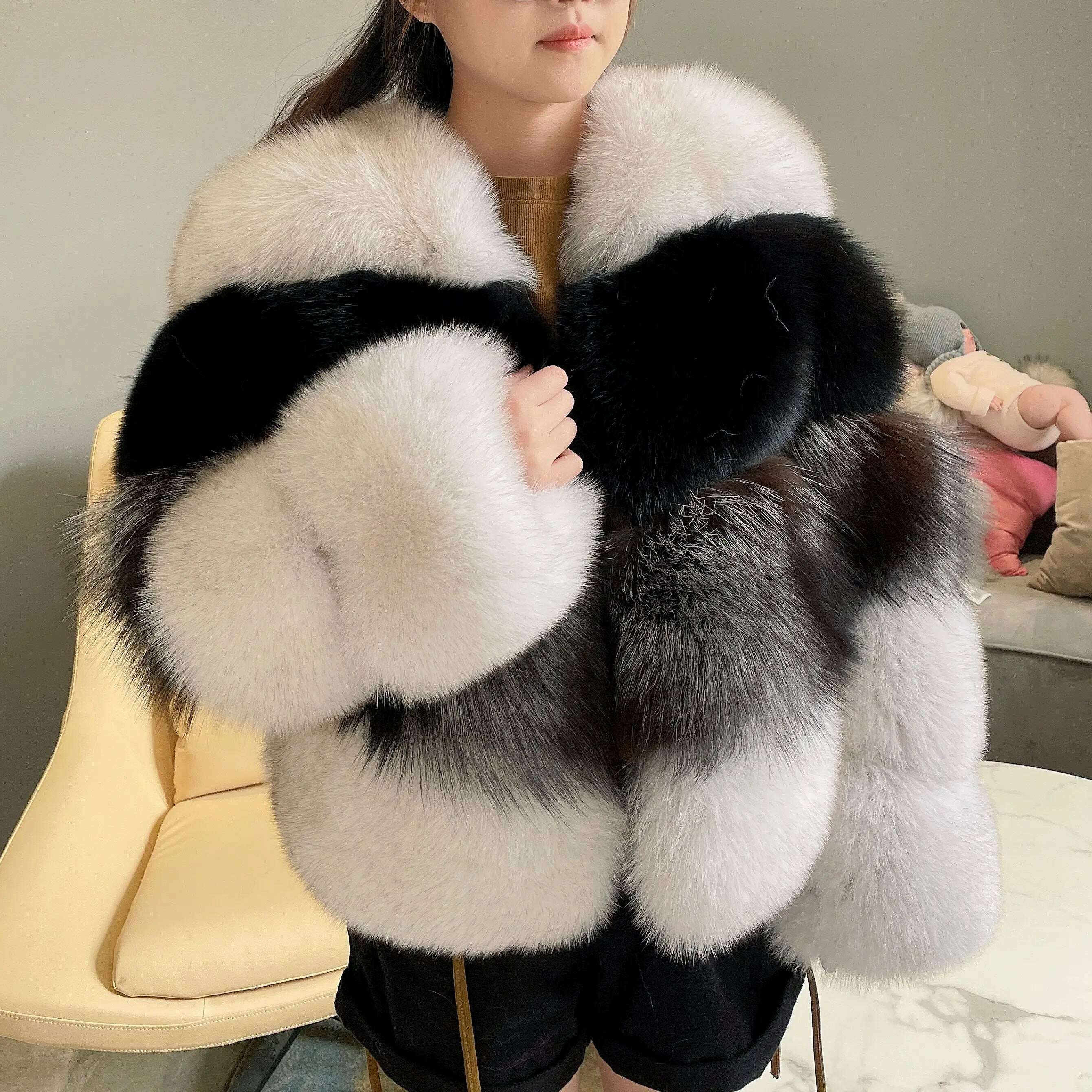 JANEFUR Real Fur Coat Women 2023 Mixed Color Custom Fashion Natural Fox Fur Jacket Female Drop shipping Warm Winter Outfit - KIMLUD