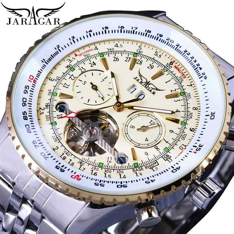 KIMLUD, Jaragar 2017 Flying Series Golden Bezel Scale Dial Design Stainless Steel Mens Watch Top Brand Luxury Automatic Mechanical Watch, GMT976-3, KIMLUD APPAREL - Womens Clothes