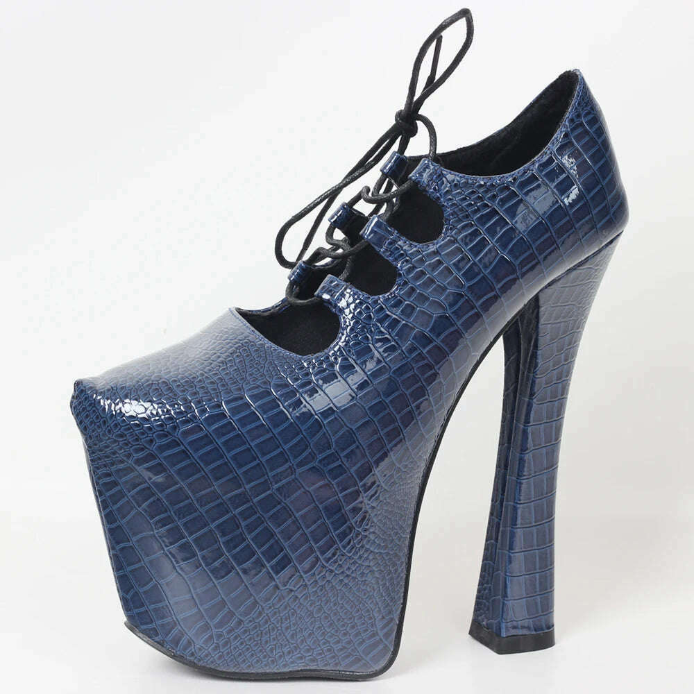 JIALUOWEI Vintage 70S retro chunky 7 1/2" heel platform Blue Snakeskin pumps Size5-15 - KIMLUD