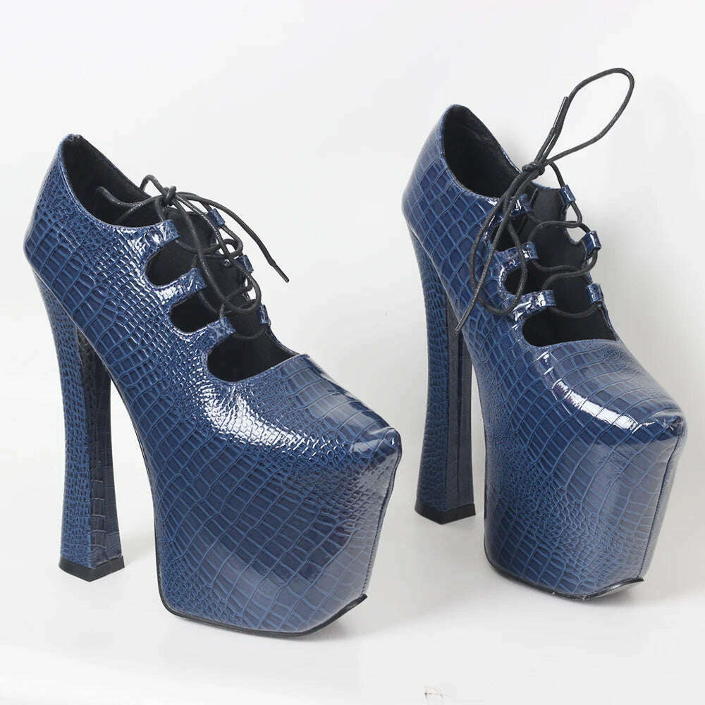 JIALUOWEI Vintage 70S retro chunky 7 1/2" heel platform Blue Snakeskin pumps Size5-15 - KIMLUD