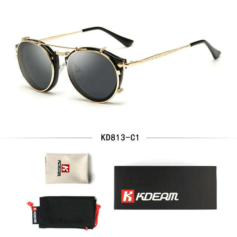 KIMLUD, Kdeam Happy Clip On Sunglasses Men Removable Round Glasses Steampunk Women Carve Design Sunglass With Brand Box, C1, KIMLUD APPAREL - Womens Clothes