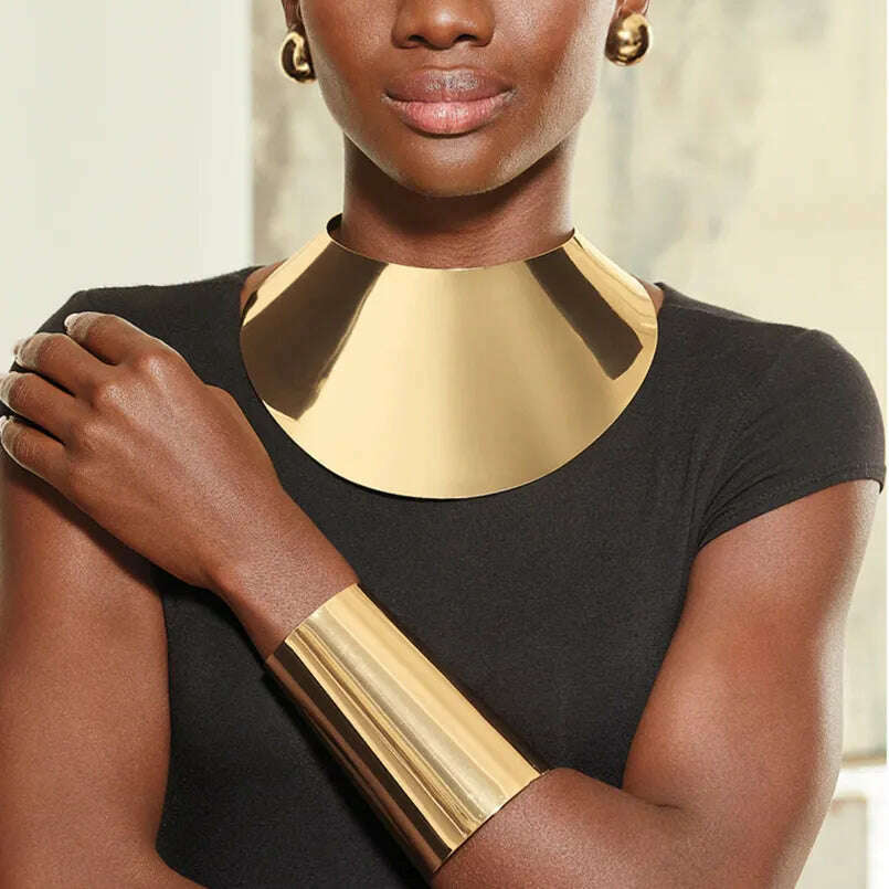 KDLUN Indian Jewelry Sets Gold Color Metal Exaggerated Torque Big Bib Collar Choker Necklace Earrings Bracelet Set African Women - KIMLUD
