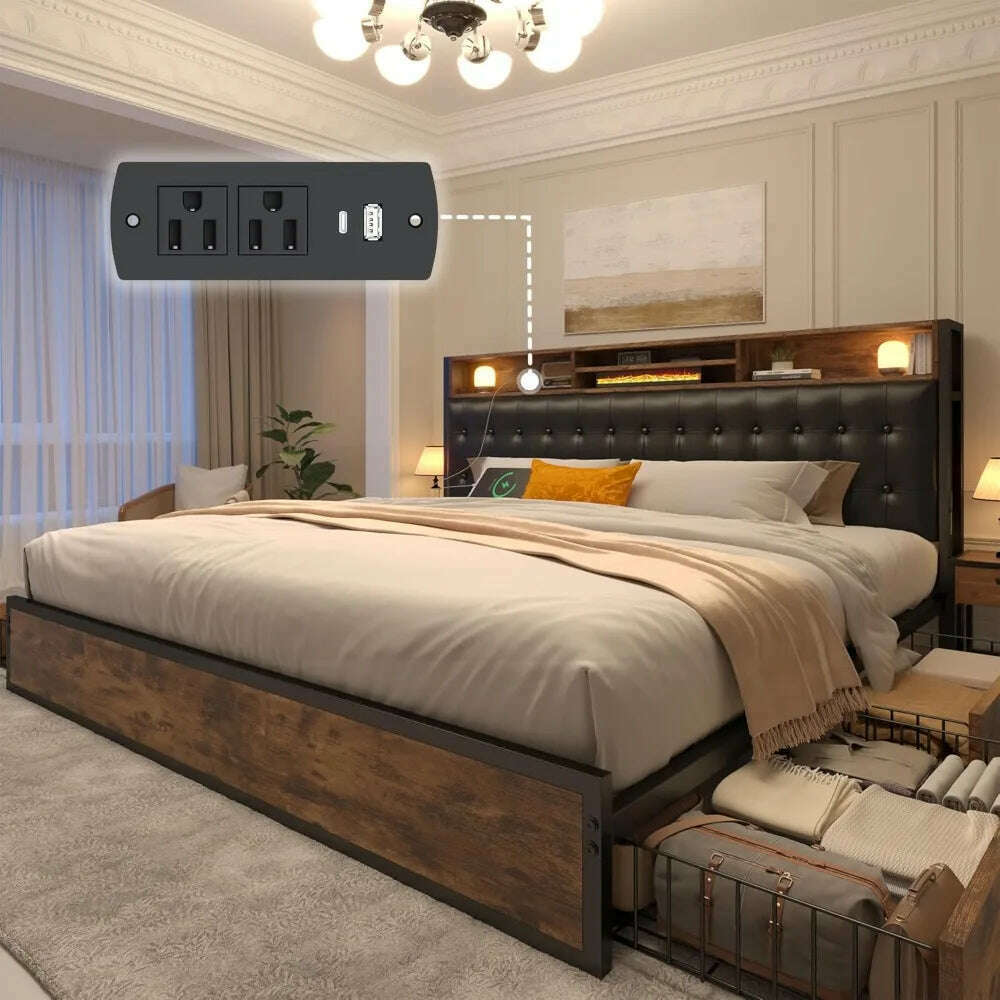 KIMLUD, King Size Bed Frame with 4 Storage Drawers King Bed  Upholstered Charging Station,No Noise,No Box Spring Needed,Vintage Brown, United States, KIMLUD APPAREL - Womens Clothes