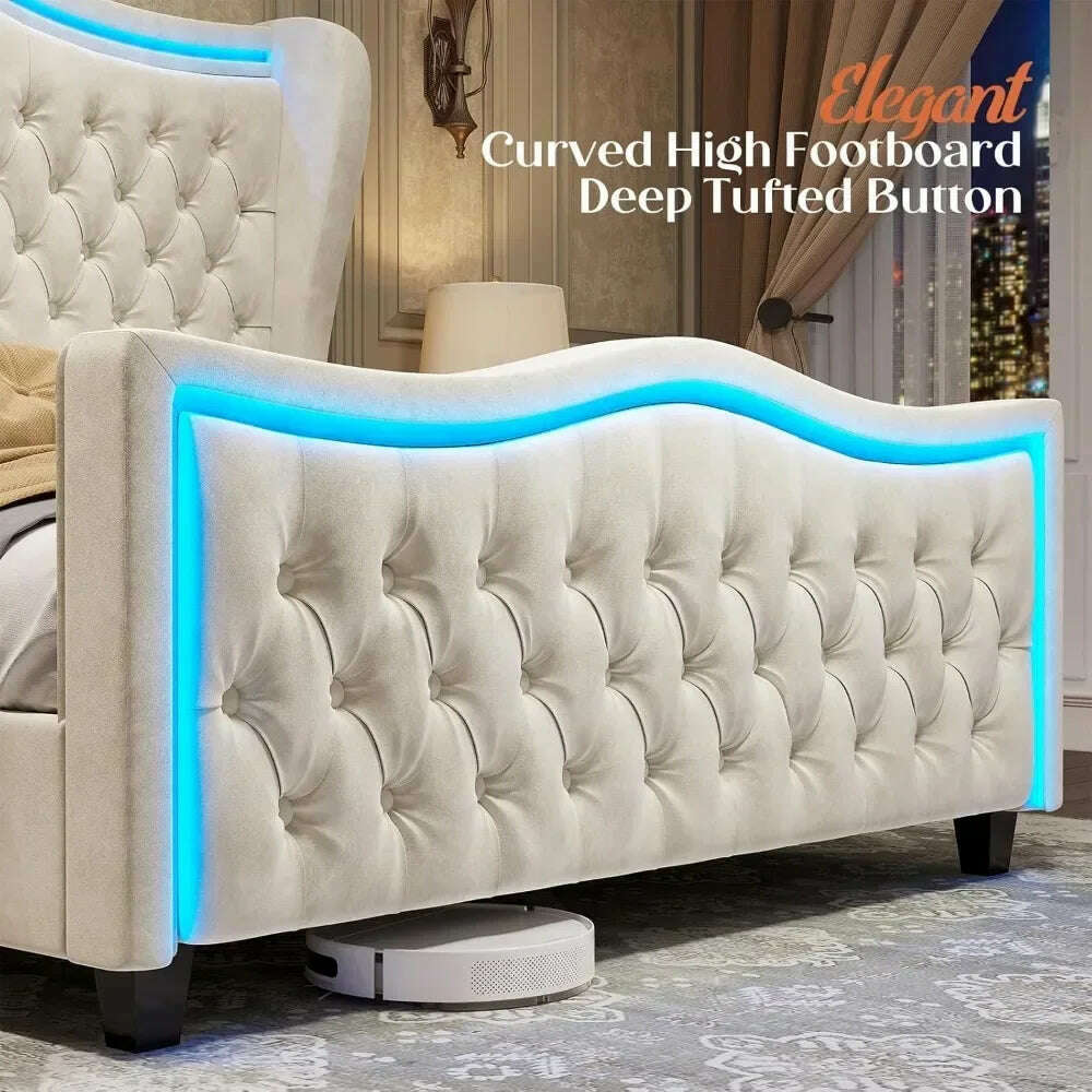 KIMLUD, King Size Bed Frame with LED Lights, 53'' Upholstered Platform Wingback Bed with Handmade Deep Button Tufted Headboard Footboard, KIMLUD Womens Clothes