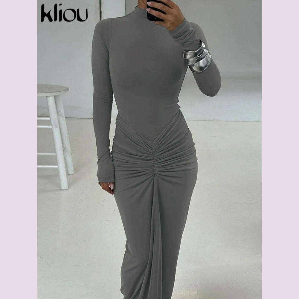 kliou Shirring Women Classic Maxi Dress Autumn New Solid Long Sleeve High Collar Body-shaping Vestidos Mujer Concise Trend Robe - KIMLUD