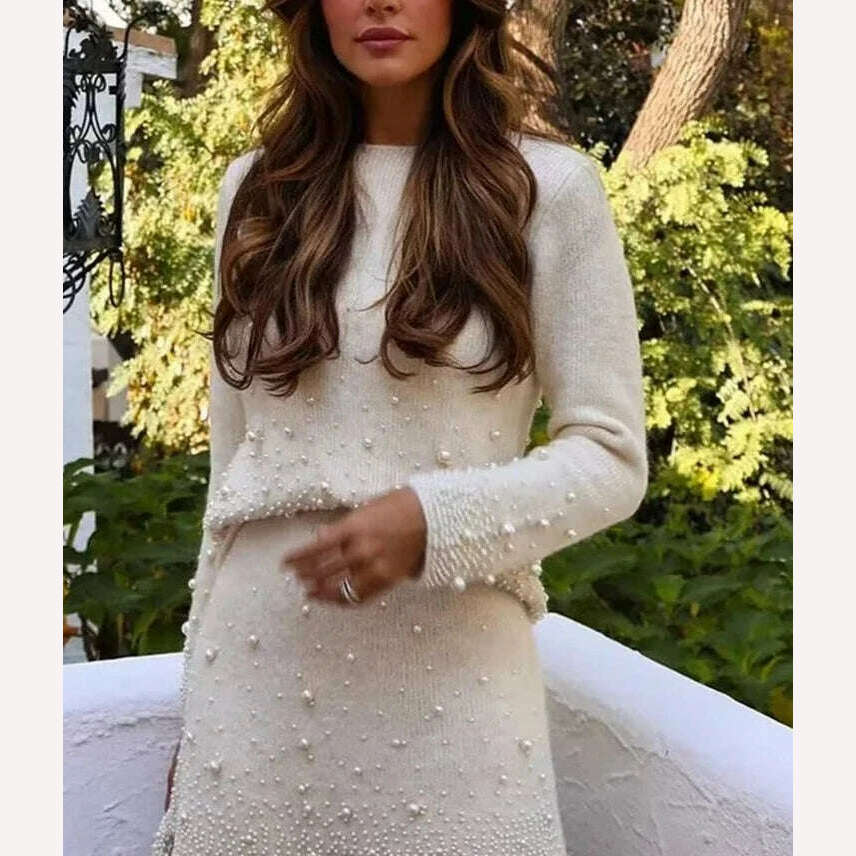 KONDALA Vintage Knitted Pearl Women Suits Long Sleeve O Neck Thick Sweater+High Waist Knit Skirts Fashion 2024 Elegant Women Set - KIMLUD