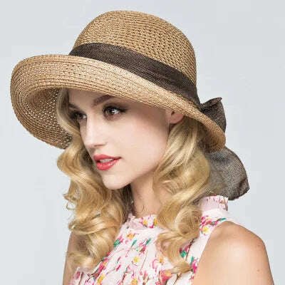 Korean fashion bow beach sun hat women's summer new collapsible fisherman basin hat summer sun block straw hat for women - KIMLUD