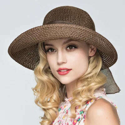 Korean fashion bow beach sun hat women's summer new collapsible fisherman basin hat summer sun block straw hat for women - KIMLUD