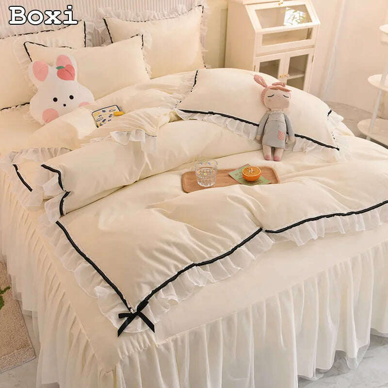 KIMLUD, Korean Girl Heart Solid Color Bedding Set Cute Princess Style Cotton Bed Skirt Full Queen Size Flat Sheet Quilt Cover Pillowcase, KIMLUD Womens Clothes