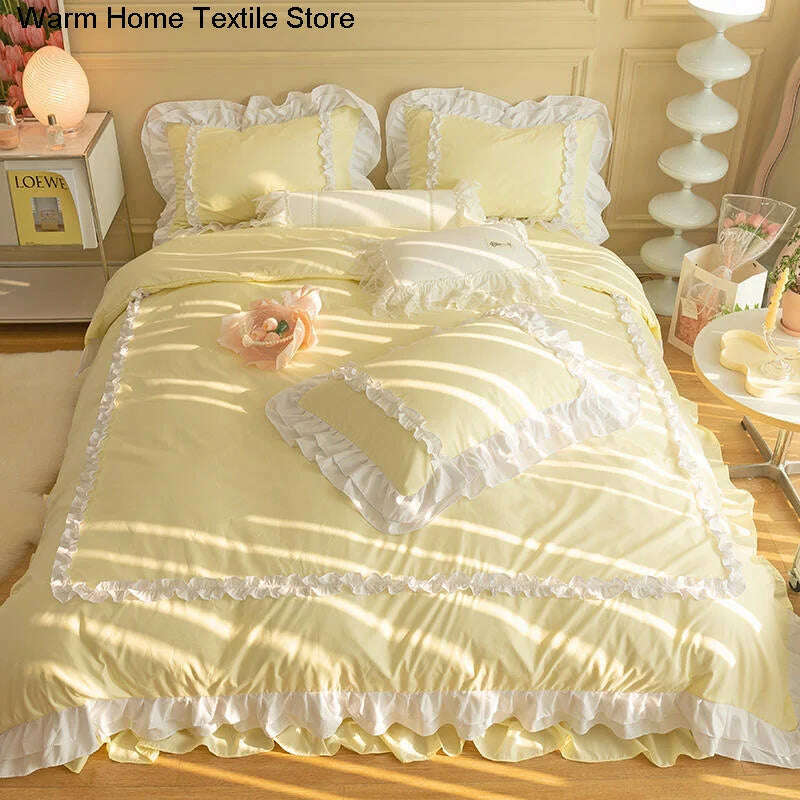 Korean Ins Bedding Set, Luxury Quilt Cover, Pillowcase Flat Bed Sheets, Simple Girl Princess Ruffle Home Textiles - KIMLUD