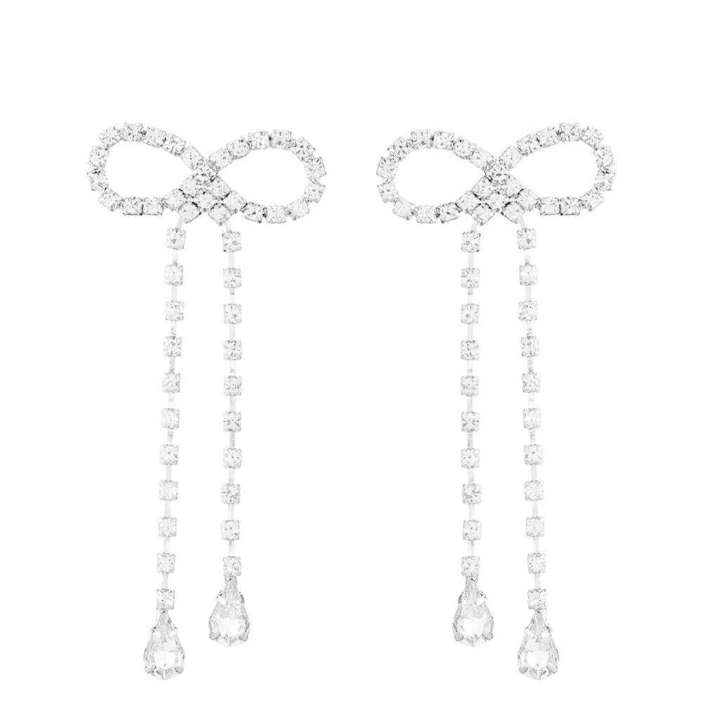 Korean Rhinestone Sweet Bow Long Tassel Water Drop Pendant Drop Earrings for Women Luxury Crystal Long Chain Dangle Earrings - KIMLUD