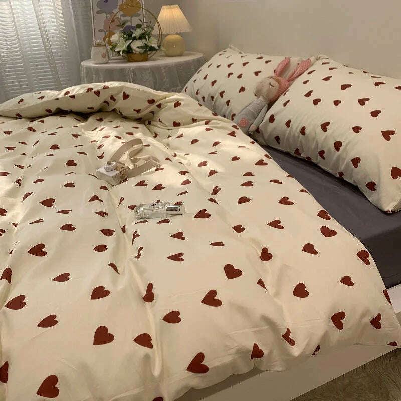 KIMLUD, Korean Style Bedding Set Kid Adult Twin Full Queen Size Bed Flat Sheet Love Heart Duvet Cover Set Pillowcase Bed Linen No Filler, KIMLUD Womens Clothes