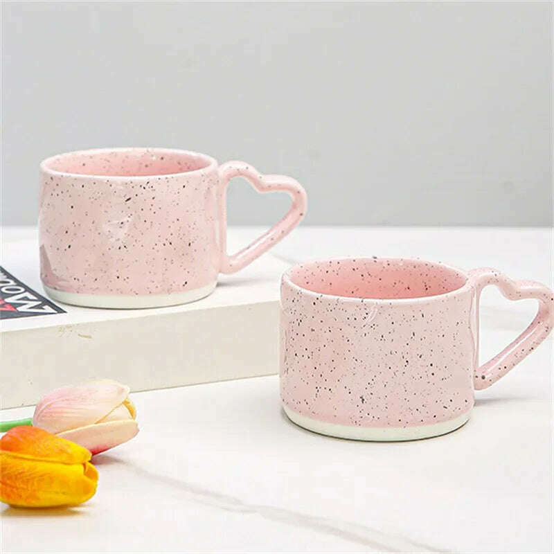 Korean Style ins Ceramics Cup 300ML Pink Love shape handle Coffee Mug Breakfast milk oatmeal cup Water cup Valentine's Day Gift - KIMLUD