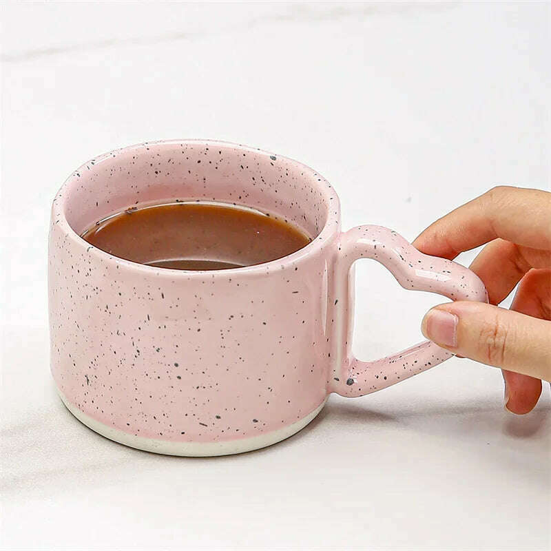 Korean Style ins Ceramics Cup 300ML Pink Love shape handle Coffee Mug Breakfast milk oatmeal cup Water cup Valentine's Day Gift - KIMLUD