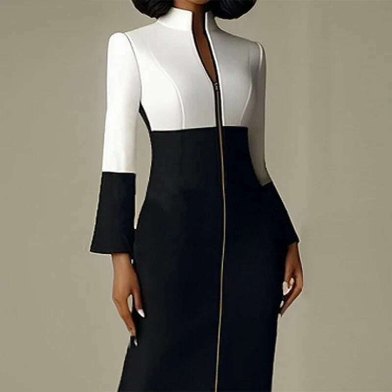 KIMLUD, Krisstar 2025 New Women's Bodycon Dresses Contrast Color V-neck with Zipper Long Sleeves Formal Occasion Office Midi Dresses, KIMLUD Womens Clothes
