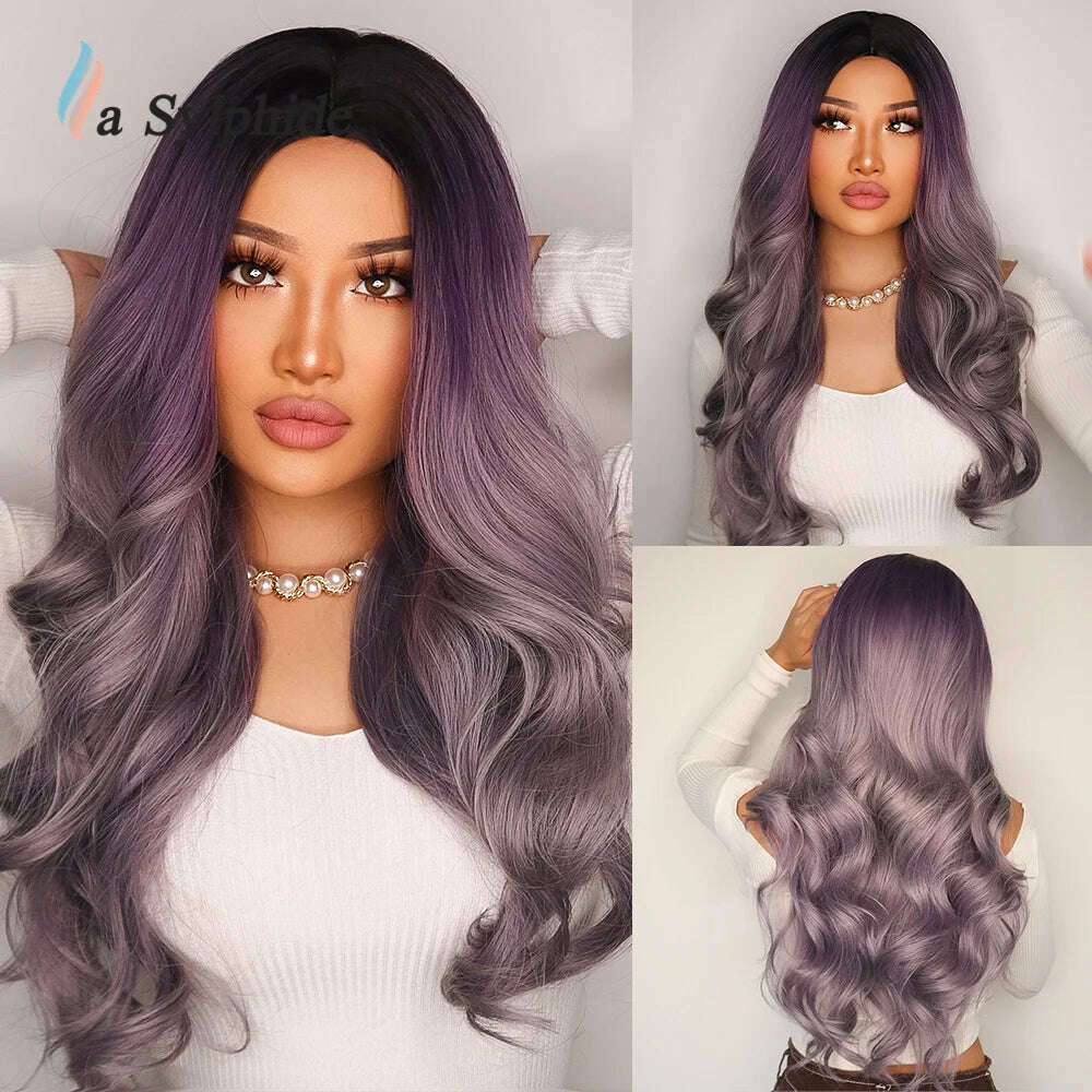 KIMLUD, La Sylphide Long Wavy Ombre Purple Synthetic Wigs for Women Heat Resistant Natural Middle Part Cosplay Party Lolita Hair Wigs, KIMLUD Womens Clothes