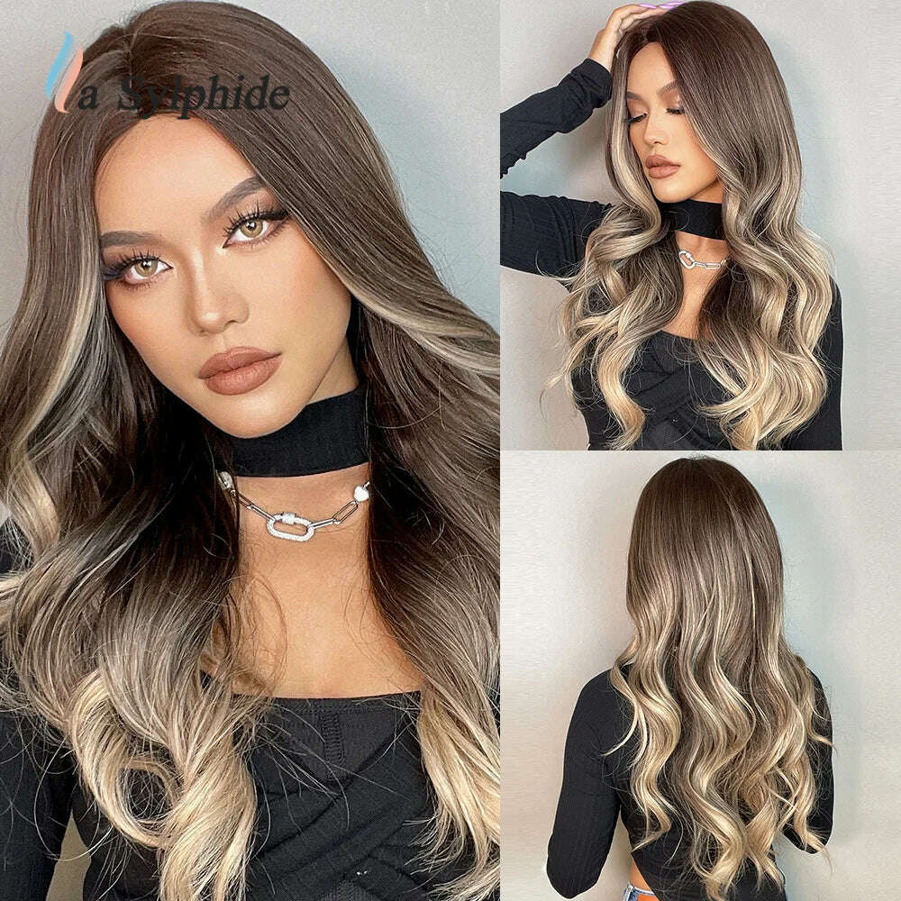 La Sylphide Long Wavy Ombre Purple Synthetic Wigs for Women Heat Resistant Natural Middle Part Cosplay Party Lolita Hair Wigs - KIMLUD