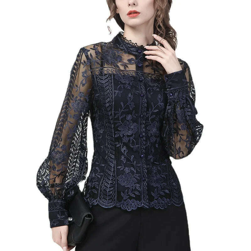 Ladies Embroidered Floral Tulle Blouse Women Hollow Out Lantern Sleeve Bodycon Button-Down Shirt 2022 Spring Vintage Lace Tops - KIMLUD