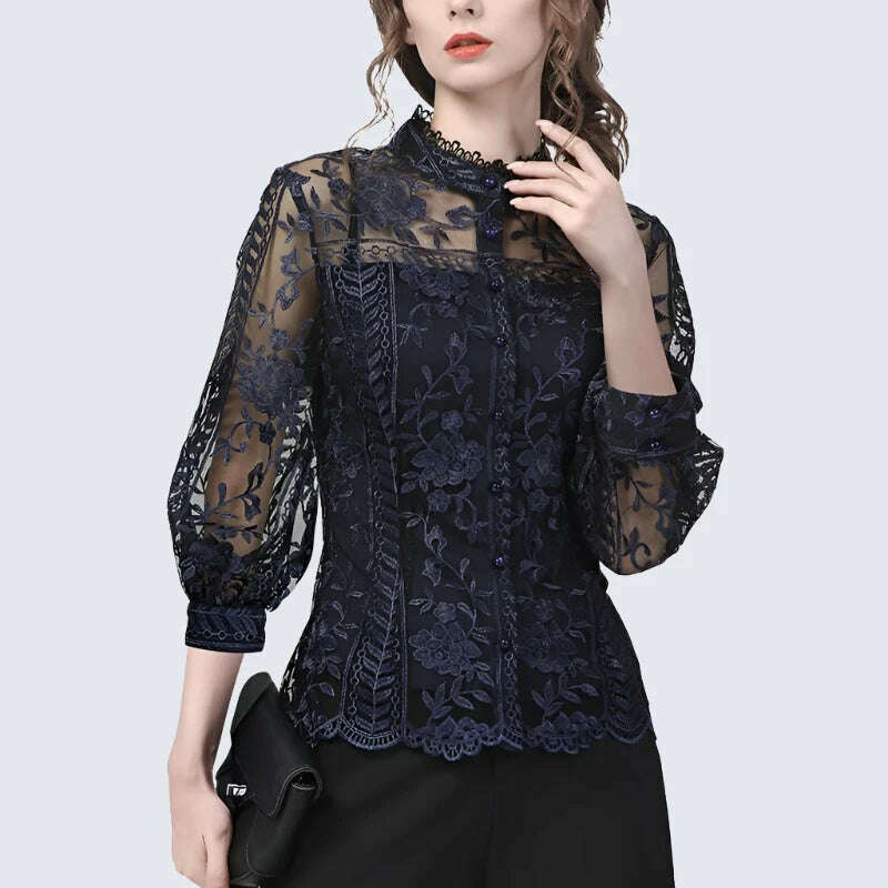 Ladies Embroidered Floral Tulle Blouse Women Hollow Out Lantern Sleeve Bodycon Button-Down Shirt 2022 Spring Vintage Lace Tops - KIMLUD