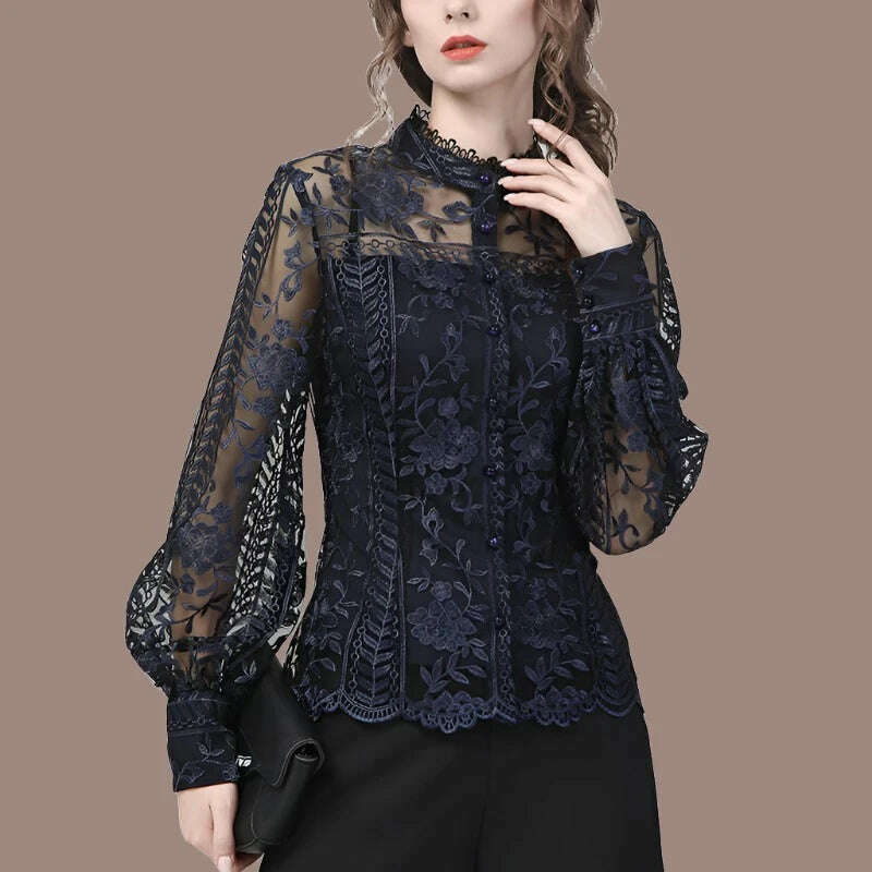 Ladies Embroidered Floral Tulle Blouse Women Hollow Out Lantern Sleeve Bodycon Button-Down Shirt 2022 Spring Vintage Lace Tops - KIMLUD