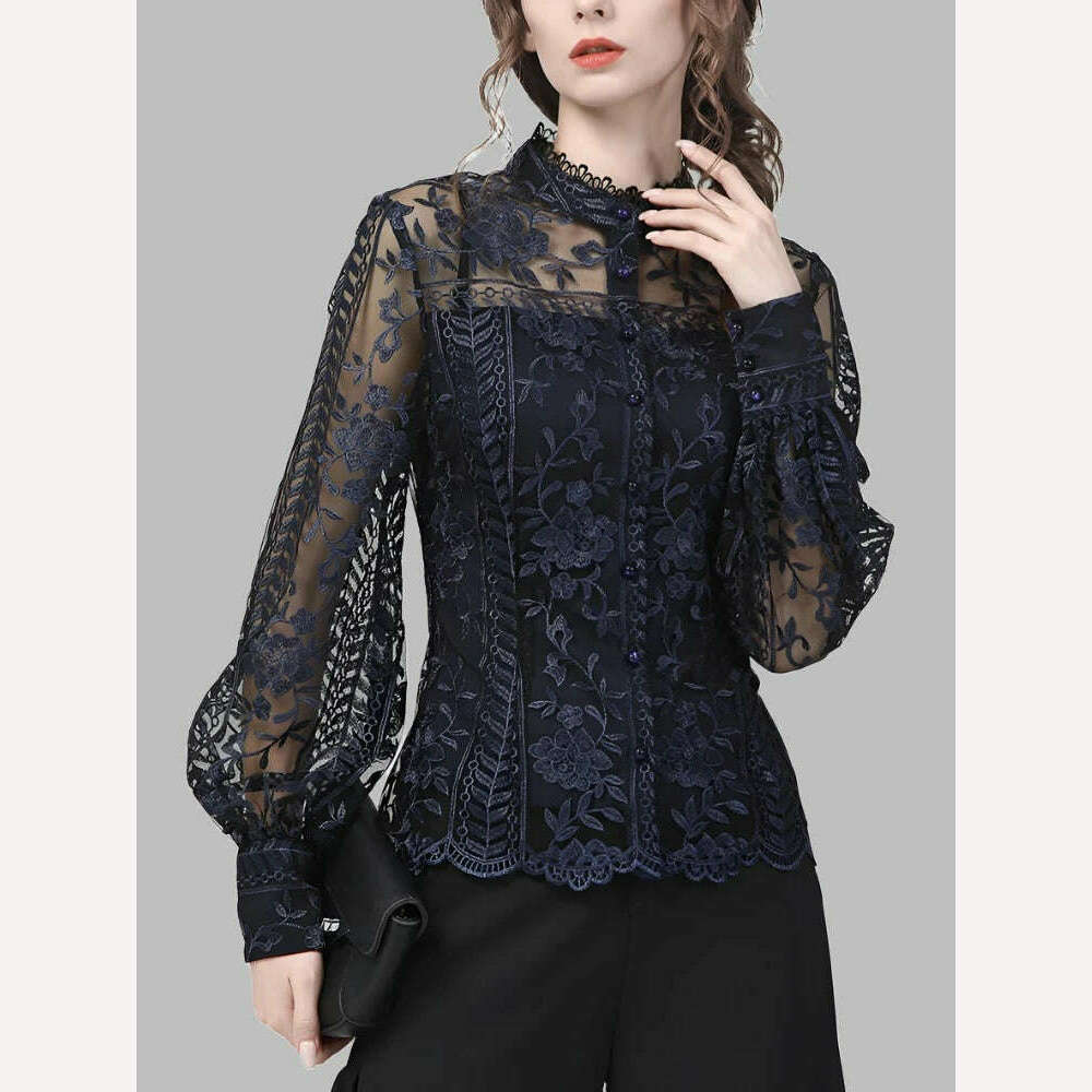 Ladies Embroidered Floral Tulle Blouse Women Hollow Out Lantern Sleeve Bodycon Button-Down Shirt 2022 Spring Vintage Lace Tops - KIMLUD