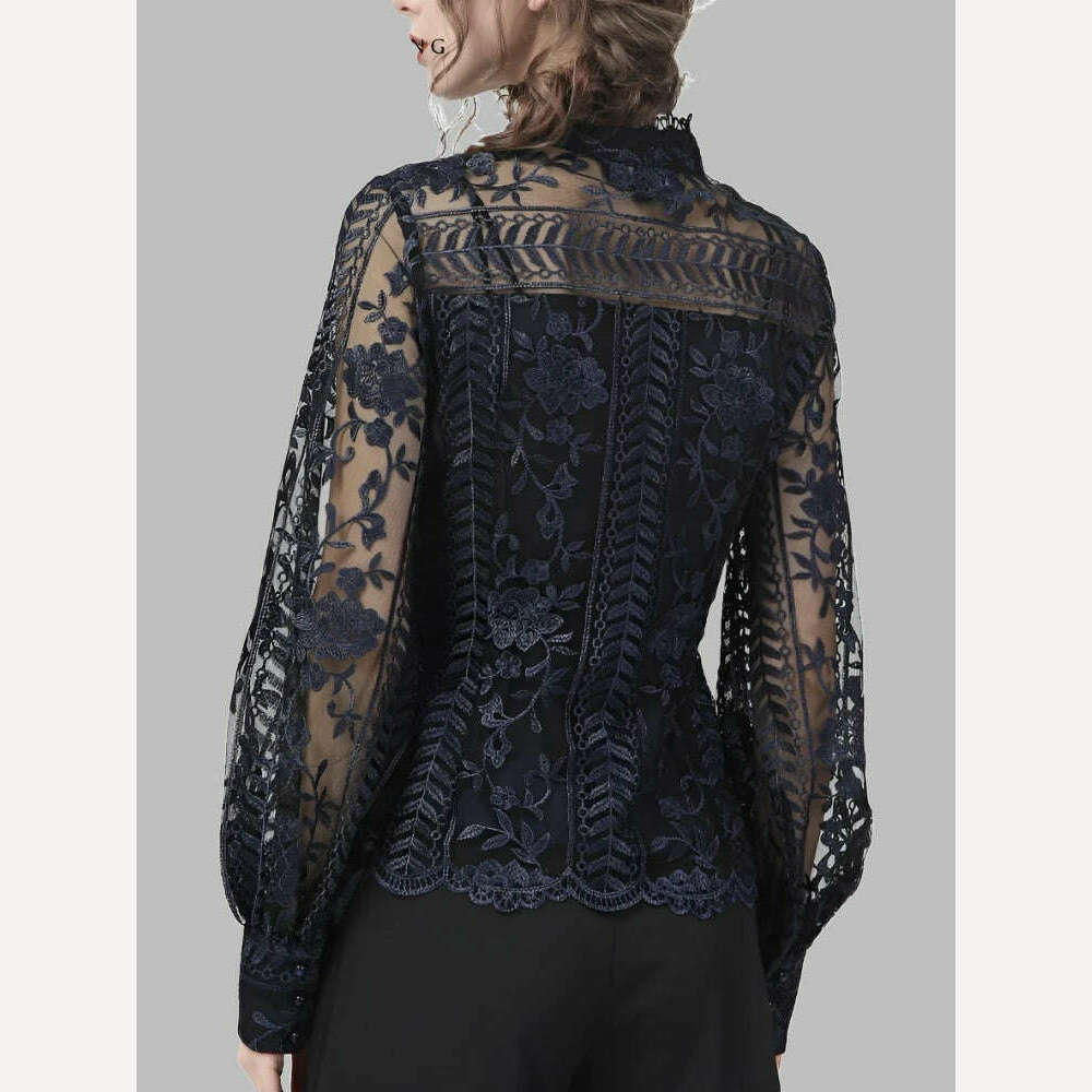 Ladies Embroidered Floral Tulle Blouse Women Hollow Out Lantern Sleeve Bodycon Button-Down Shirt 2022 Spring Vintage Lace Tops - KIMLUD