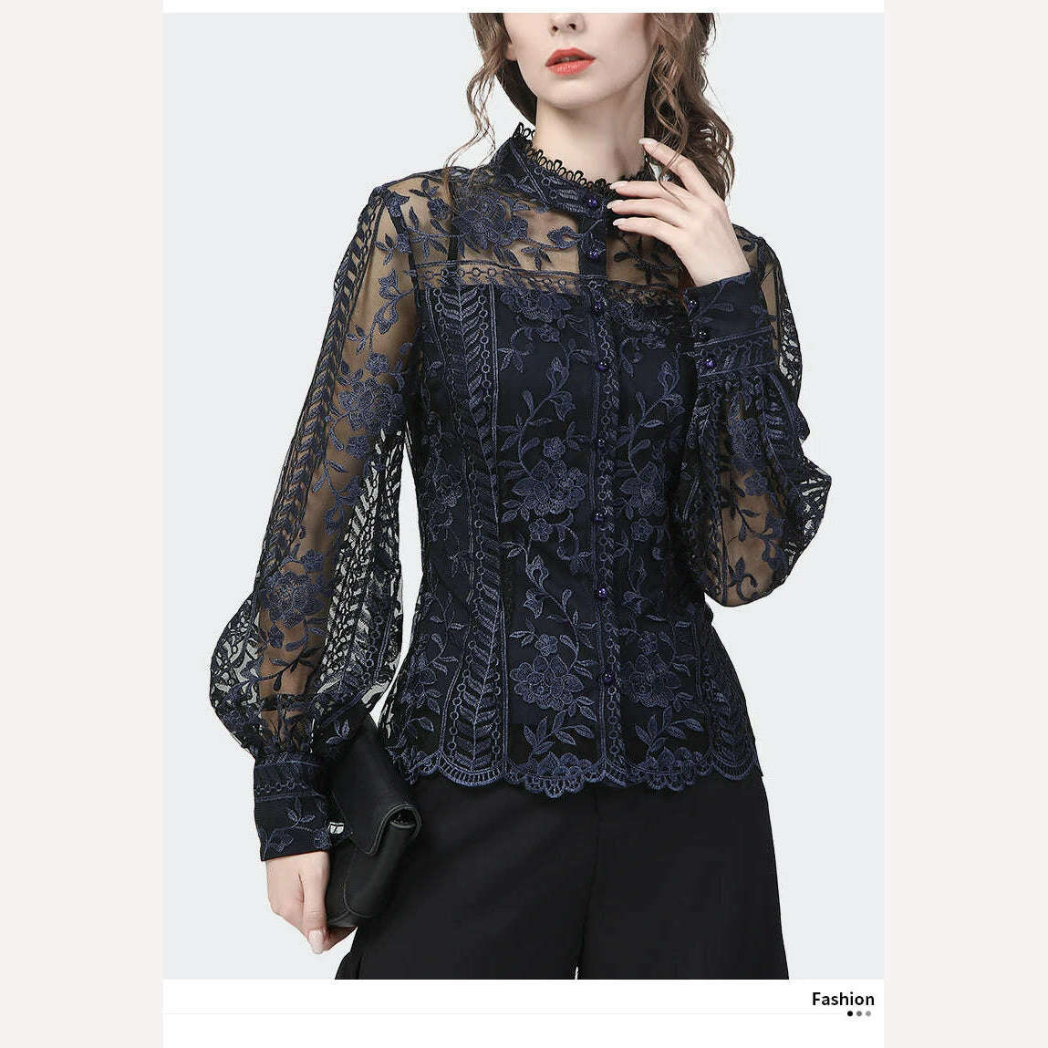 Ladies Embroidered Floral Tulle Blouse Women Hollow Out Lantern Sleeve Bodycon Button-Down Shirt 2022 Spring Vintage Lace Tops - KIMLUD