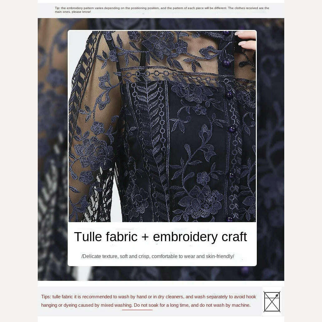 Ladies Embroidered Floral Tulle Blouse Women Hollow Out Lantern Sleeve Bodycon Button-Down Shirt 2022 Spring Vintage Lace Tops - KIMLUD