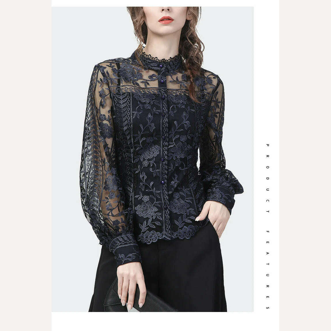 Ladies Embroidered Floral Tulle Blouse Women Hollow Out Lantern Sleeve Bodycon Button-Down Shirt 2022 Spring Vintage Lace Tops - KIMLUD