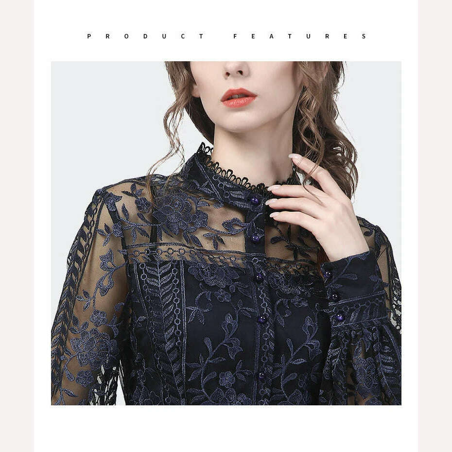 Ladies Embroidered Floral Tulle Blouse Women Hollow Out Lantern Sleeve Bodycon Button-Down Shirt 2022 Spring Vintage Lace Tops - KIMLUD