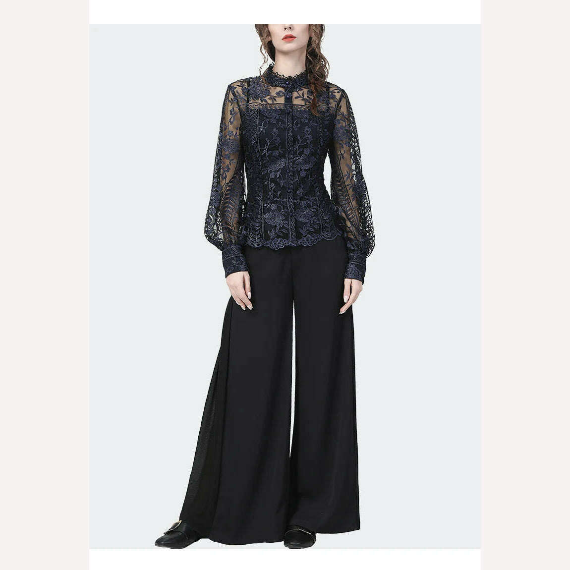 Ladies Embroidered Floral Tulle Blouse Women Hollow Out Lantern Sleeve Bodycon Button-Down Shirt 2022 Spring Vintage Lace Tops - KIMLUD