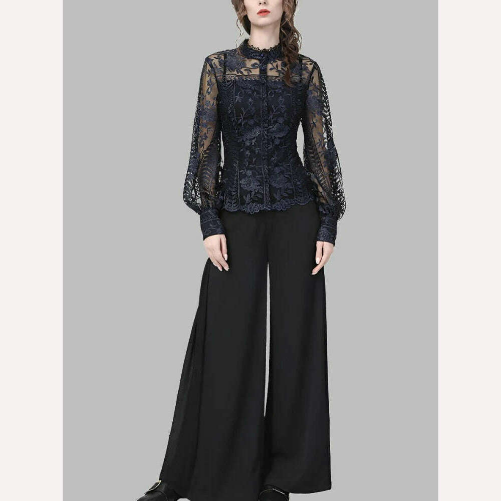 Ladies Embroidered Floral Tulle Blouse Women Hollow Out Lantern Sleeve Bodycon Button-Down Shirt 2022 Spring Vintage Lace Tops - KIMLUD