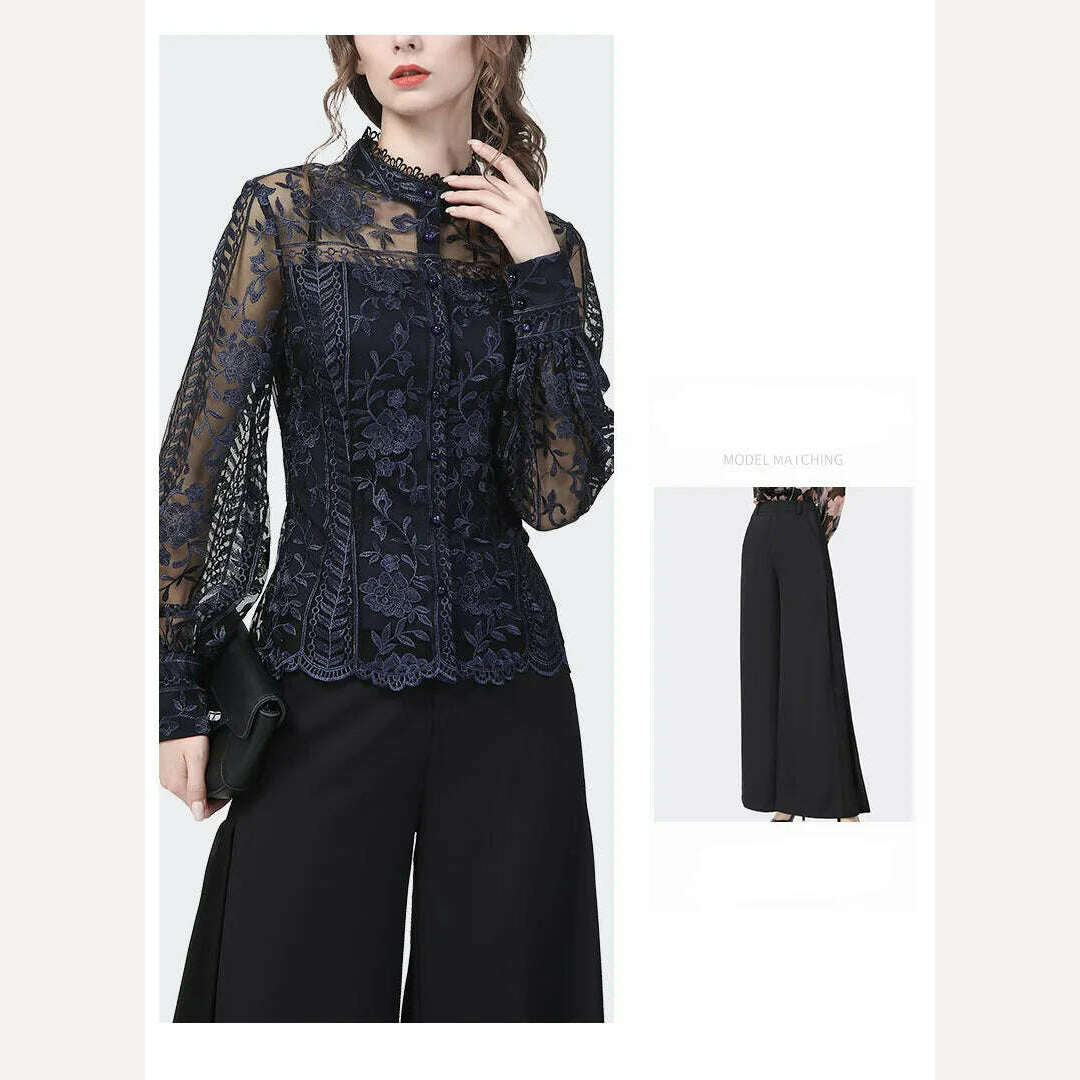Ladies Embroidered Floral Tulle Blouse Women Hollow Out Lantern Sleeve Bodycon Button-Down Shirt 2022 Spring Vintage Lace Tops - KIMLUD