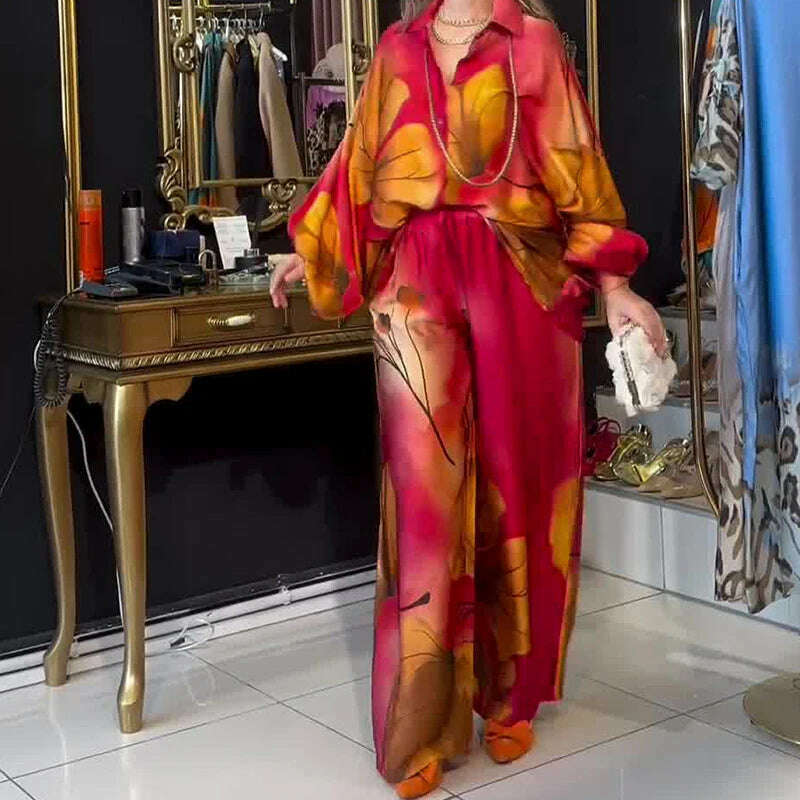 KIMLUD, Lady Commute Two Piece 2025 Spring Summer Floral Print Office Set Women Fashion Button Long Sleeve Blouse Top+Wide Leg Pant Set, KIMLUD Womens Clothes