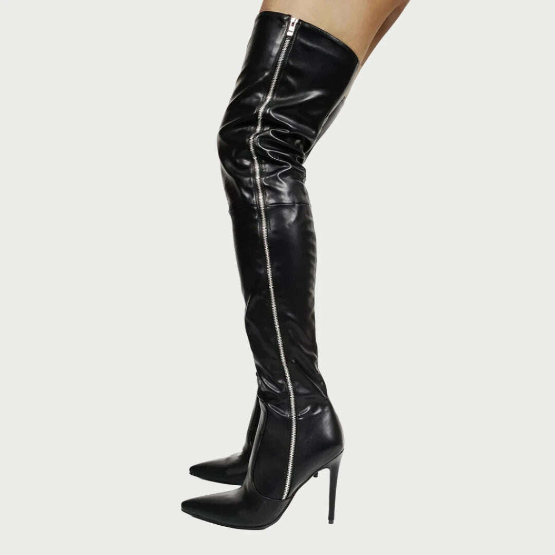 KIMLUD, LAIGZEM SUPER Women Boots Thigh High Boots Metal Zipper Stiletto Heels Ladies Shoes Woman Botines Botas Large Size 38 43 44  47, KIMLUD Womens Clothes